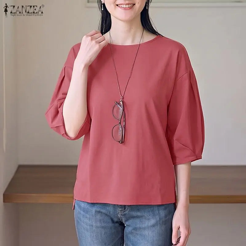 ZANZEA 2026 Summer Casual Blouses Woman O-Neck Half Puff Sleeves Solid Color Loose Tops Minimalist Everyday Wear Blusas de Mujer