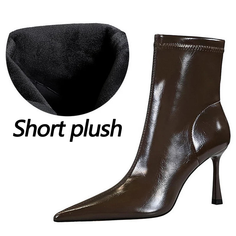 BIGTREE Shoes Women Leather Boots Sexy Women's Ankle Boots High Heels Plush Warm Autumn Winter Shoes Stilettos Short Boots Lady