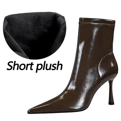 BIGTREE Shoes Women Leather Boots Sexy Women's Ankle Boots High Heels Plush Warm Autumn Winter Shoes Stilettos Short Boots Lady