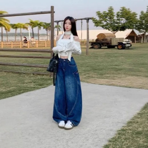 Spring Plus Size Women's Clothing High Waist Loose Fit Casual Wear Wide Leg Jeans Denim Straight Cut Full Length Pants