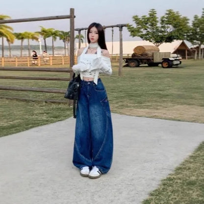 Spring Plus Size Women's Clothing High Waist Loose Fit Casual Wear Wide Leg Jeans Denim Straight Cut Full Length Pants