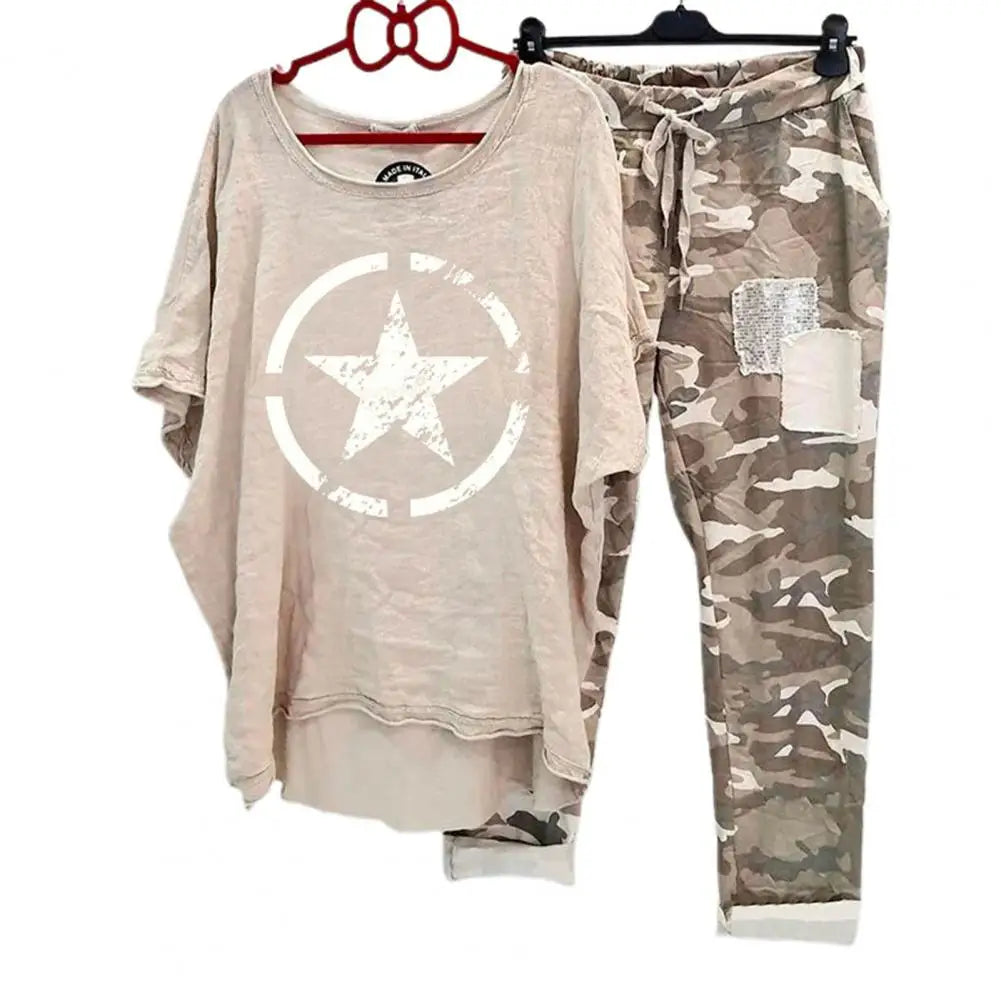 Women's Cotton Blend Suit Women's Summer Casual Printed Sportswear Set Lightweight Cotton Blend Outfit for Fashionable