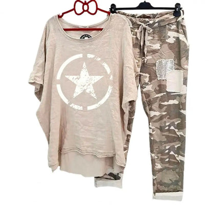 Women's Cotton Blend Suit Women's Summer Casual Printed Sportswear Set Lightweight Cotton Blend Outfit for Fashionable