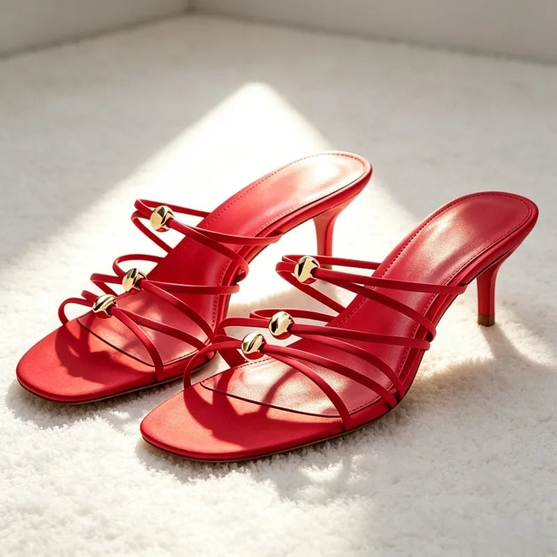 Unique Metal-decorated Kitten Heel Mules Sandals for Women Red Satin Narrow Band Slide Sandals Elegant Open-toe Designer Shoes