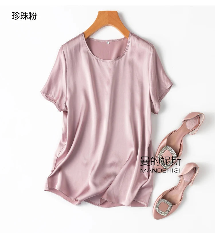 ZVAQS 100% Mulberry Silk T Shirts Woman Elegant Satin T Shirt 27 Colors High Quality Silk Summer Tops 2025 Women Clothing Топ