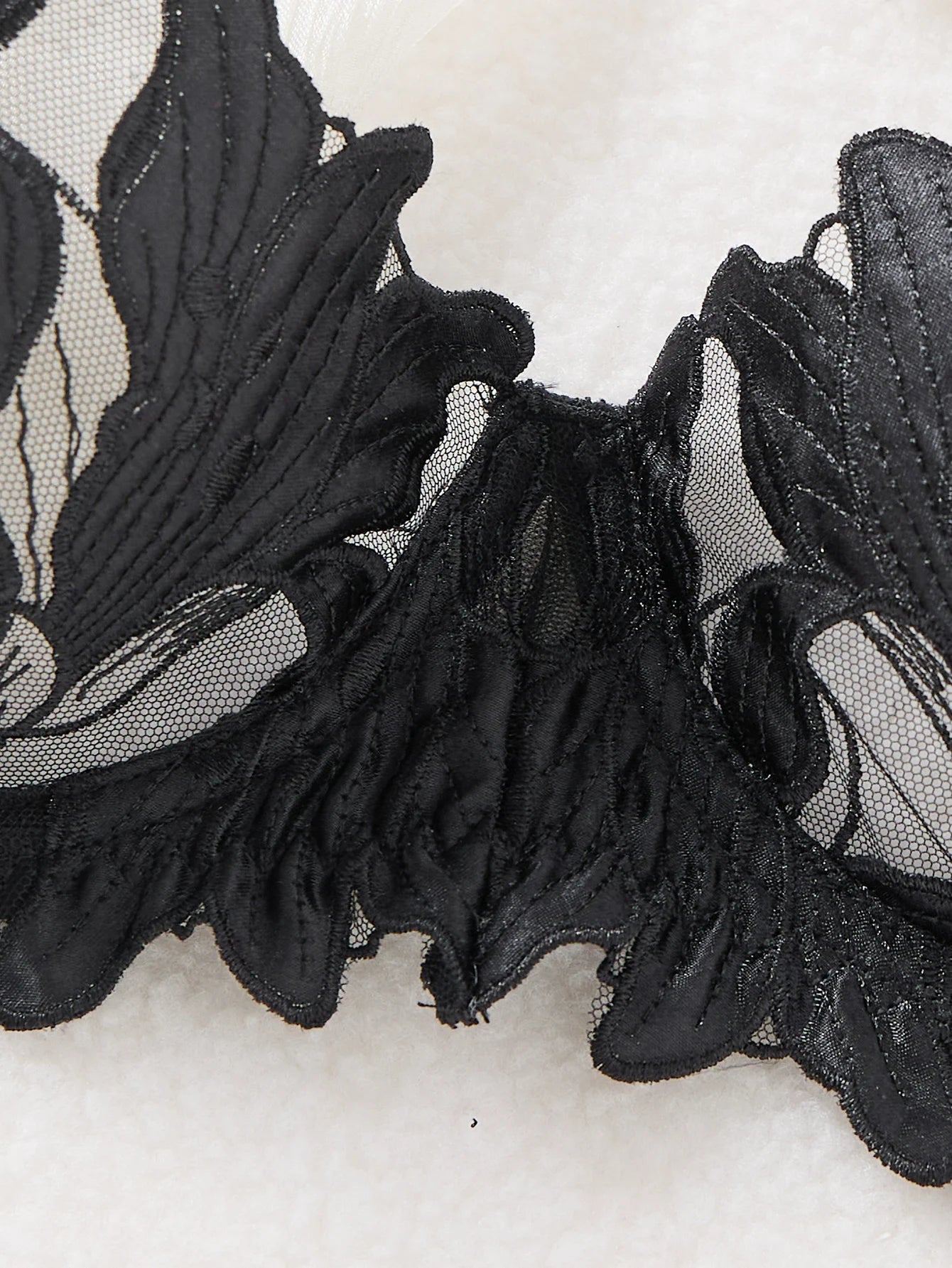 Women Black 3D Floral Embroidery Lingerie Set Ruffle Strap Sheer Mesh Underwire Bra & Thong 2‑Piece Intimate Underwear S‑XL