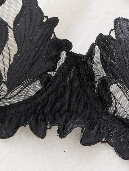 Women Black 3D Floral Embroidery Lingerie Set Ruffle Strap Sheer Mesh Underwire Bra & Thong 2‑Piece Intimate Underwear S‑XL