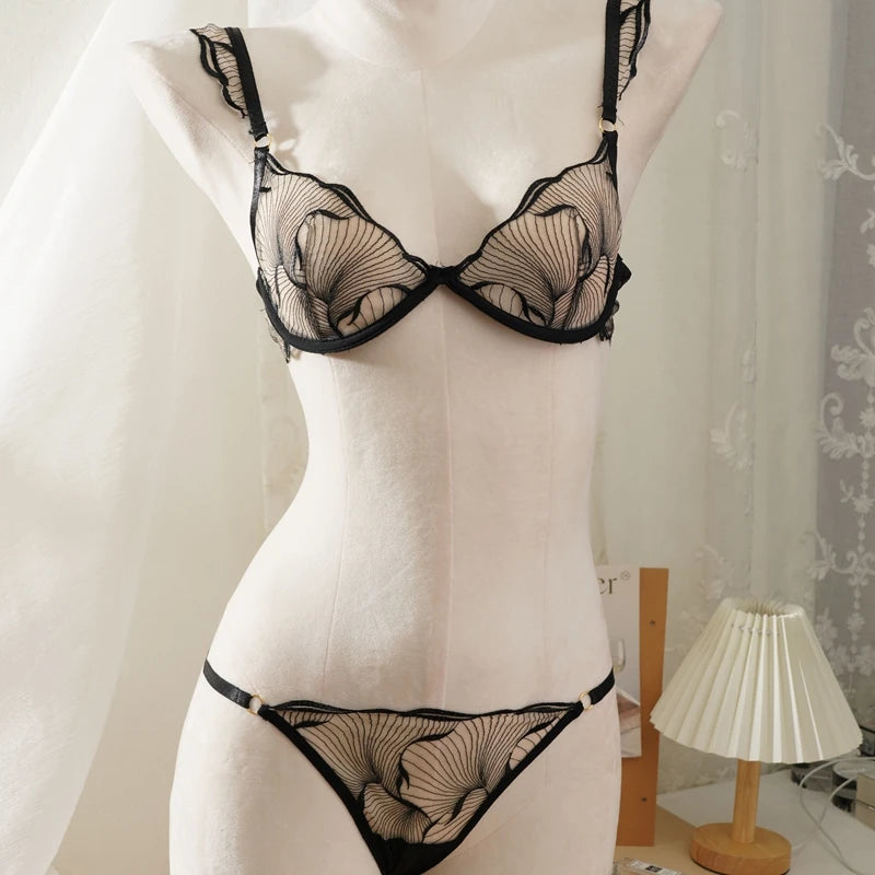 Elegant Women Flower Embroidery Mesh Lingerie Set Adjustable Straps Underwire Bra Panty Transparent Intimates