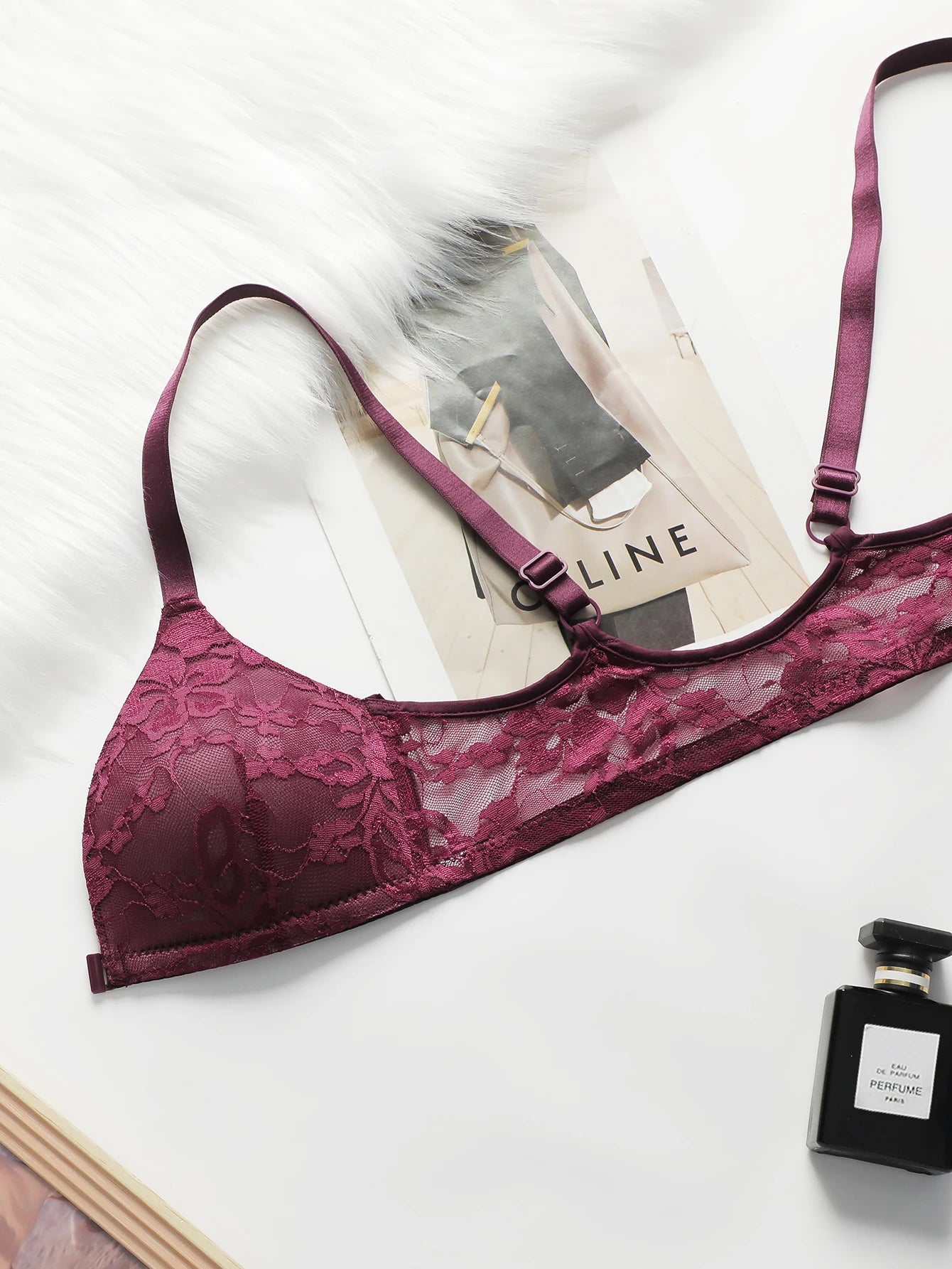 Women Sheer Lace Bra Set Front Hook Closure Wireless V Neck Brassiere Burgundy Floral Lace Underwear Panties Suit Sexy Lingerie