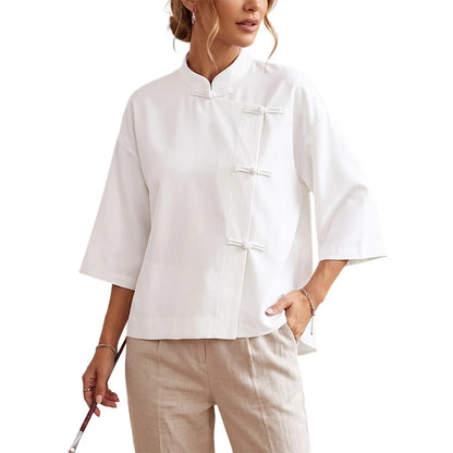 ZANZEA Plus Size 5XL Woman Vintage Shirts Mandarin Collar Frog Buttons High-Low Blouse Chinese Style Casual Solid Daily Wear Top