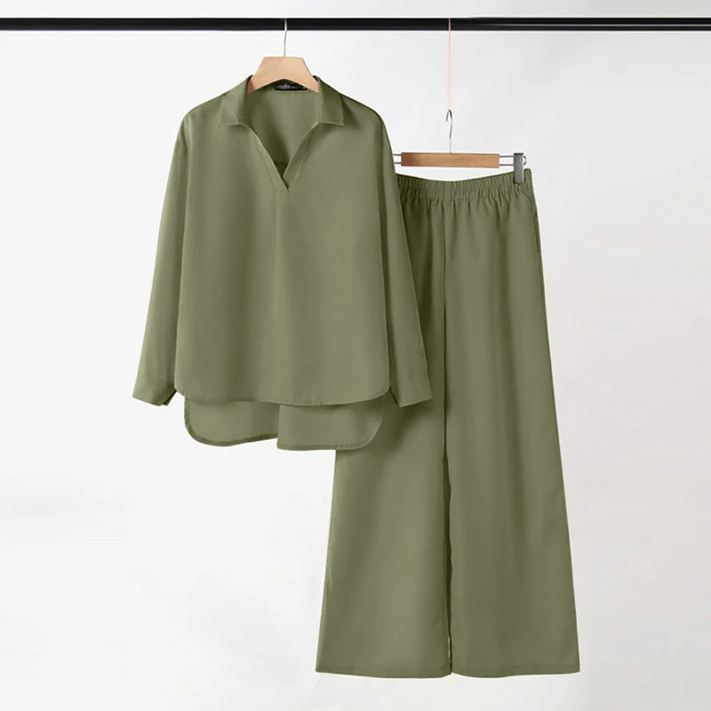 ZANZEA Autumn Outfits Two Piece Sets Women Casual V Neck Long Sleeve Tops With Wide Leg Pants Suits Elegant Solid OL Tracksuit
