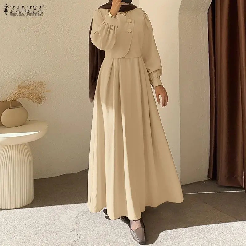ZANZEA Fashion Muslim Abaya Dresses Ramadan Robe Women Elegant Long Sleeve Pleated Sundress Dubai Casual Kaftan Fake 2 Pieces