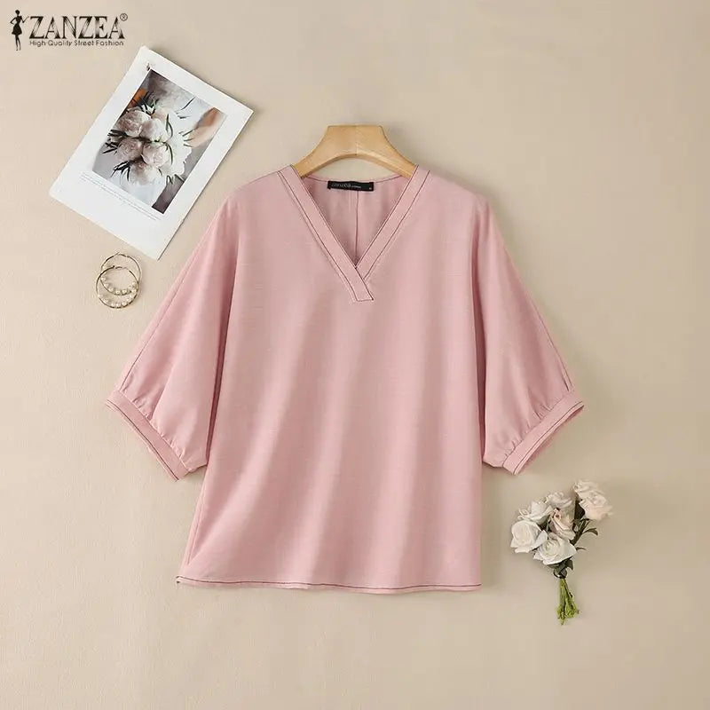 ZANZEA Contrast-Stitch V-Neck 3/4 Lantern Sleeve Blouses for Woman Casual Loose Pullover Tops Summer Daily Casual Blusa de Mujer