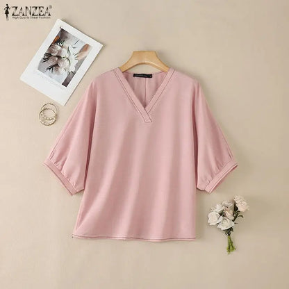 ZANZEA Contrast-Stitch V-Neck 3/4 Lantern Sleeve Blouses for Woman Casual Loose Pullover Tops Summer Daily Casual Blusa de Mujer