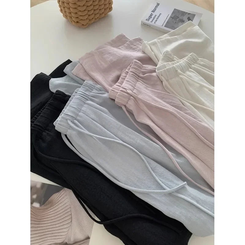 Pop Slimming Effect Korean Style Cotton Linen Casual Pants Women Summer Lazy Versatile Elastic Waist Thin Hanging Straight Leg L