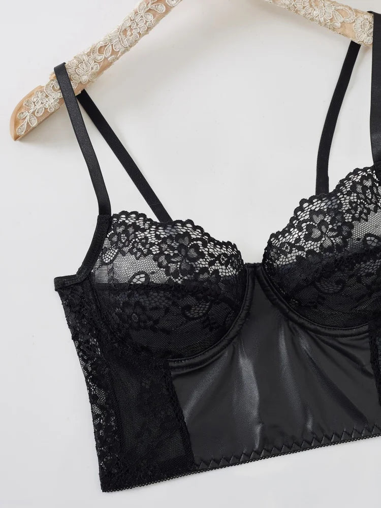 2Pcs Black Lace Bra Set French Style Women Bra Panties Breathable Mesh Underwear Elegant Ladies Ultra Thin Underwear Panties Set