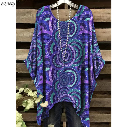 Bohemian Floral Tunic Plus Size Women's Bohemian Floral Print Tunic T-Shirt Short Sleeve Round Neck Casual Top Vibrant 2025
