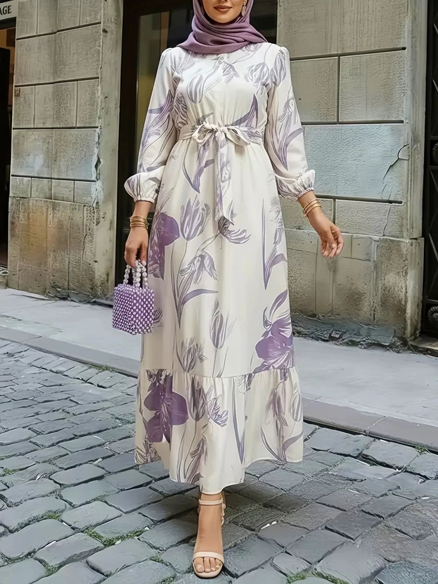 New Western style elegant floral print elastic waist spliced ruffled hem dress