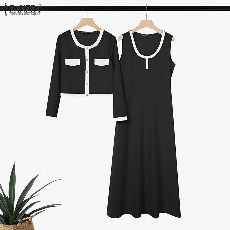 ZANZEA Elegant Women OL Work Dress Sets 2026 Spring Office Outfits Long Sleeve Slim Fit Cropped Tops Cardigan Maxi Tanks Dress