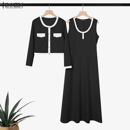 ZANZEA Elegant Women OL Work Dress Sets 2026 Spring Office Outfits Long Sleeve Slim Fit Cropped Tops Cardigan Maxi Tanks Dress