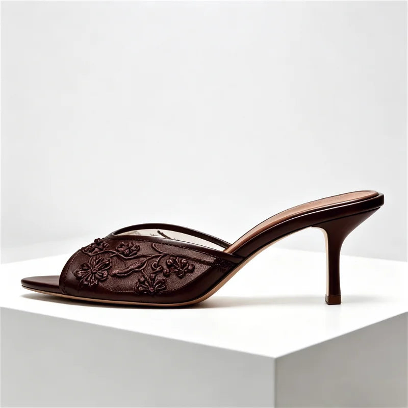 Summer Mesh Embroidery Brown Slippers Women Sexy Peep Toe Heeled Sandals for Ladies Elegant String Bead Decorative Designer Shoe