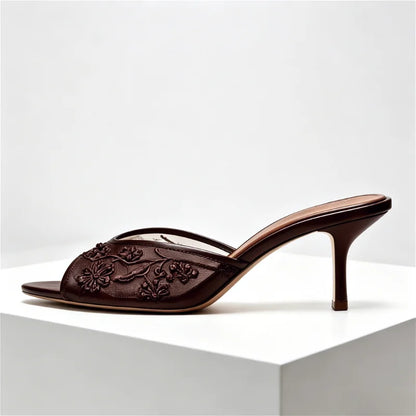 Summer Mesh Embroidery Brown Slippers Women Sexy Peep Toe Heeled Sandals for Ladies Elegant String Bead Decorative Designer Shoe