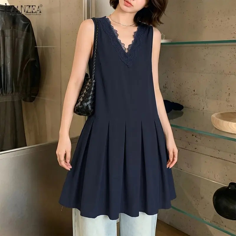 Summer Sleeveless Tops ZANZEA Women Blouses Lace Patchwork V Neck Pleated Blouse Streetwear OL Work Party Blusas Tops Tunic 3XL