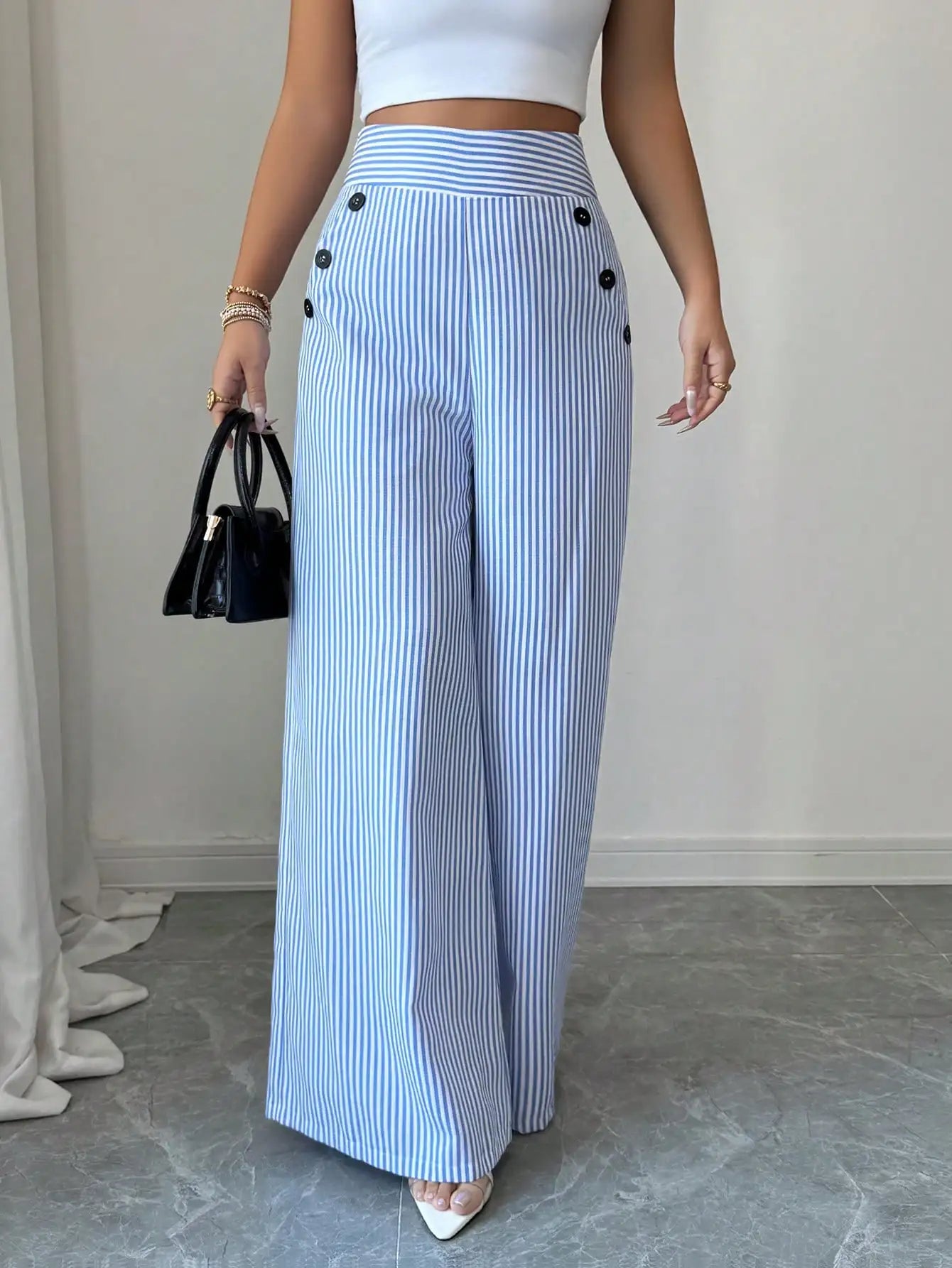 Stylish Striped Wide-Leg Trousers | Comfortable High-Waist Pants for Office & Casual