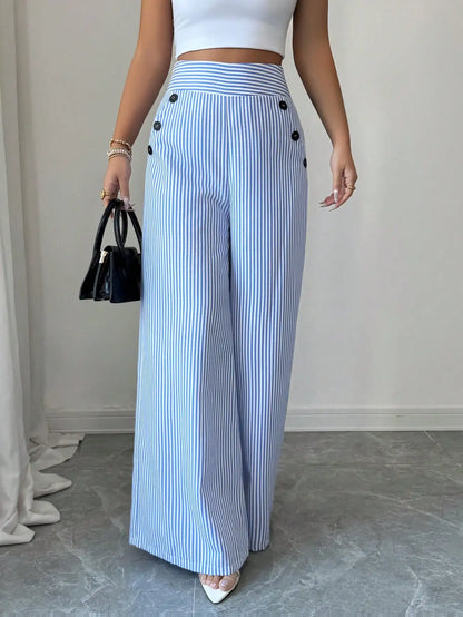 Stylish Striped Wide-Leg Trousers | Comfortable High-Waist Pants for Office & Casual