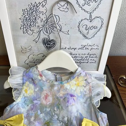Girls Casual Dresses Floral Printed Dress Bow Mesh Stitching Princess Dress Flower Girl Dresses Princess Dress for Girls
