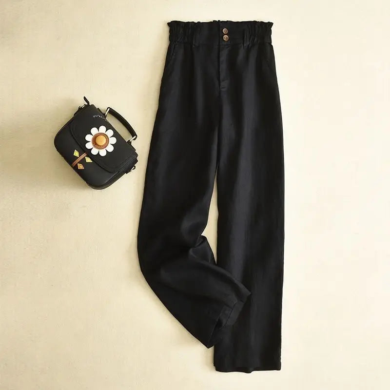 Grey Linen Wide Leg Pants Women's High Waist Drapey Loose Casual Cotton Linen Pants Flower Bud Waist Flax Straight Long Pants