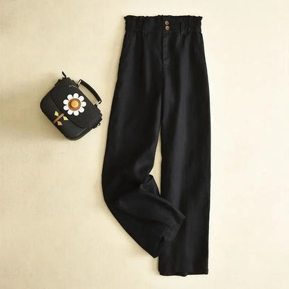 Grey Linen Wide Leg Pants Women's High Waist Drapey Loose Casual Cotton Linen Pants Flower Bud Waist Flax Straight Long Pants
