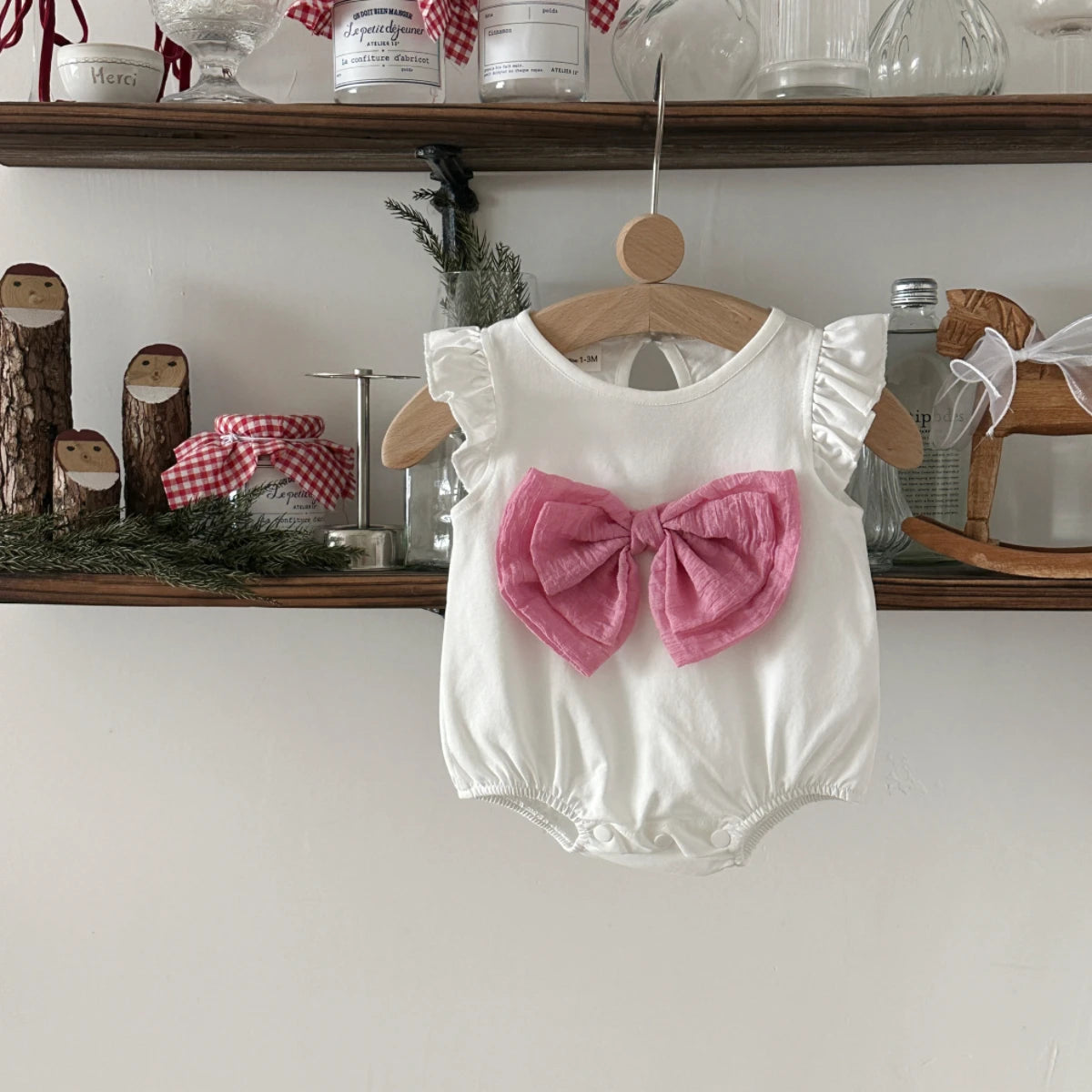 Cute Pink Bow Baby Girl Pure White Romper Sleeveless Jumpsuit Infant Clothing Cotton Soft Fabric Baby Clothes