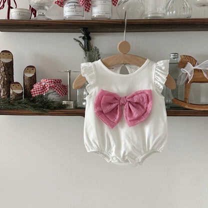 Cute Pink Bow Baby Girl Pure White Romper Sleeveless Jumpsuit Infant Clothing Cotton Soft Fabric Baby Clothes