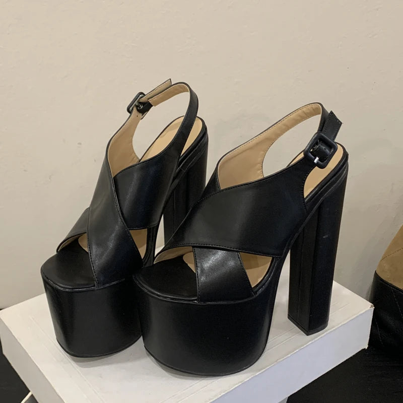 Fashion Cross Strap Chunky Platform Sandals Women Sexy Open Toe 18cm High Heels for Ladies Slingback Buckle Strap Gladiator Shoe