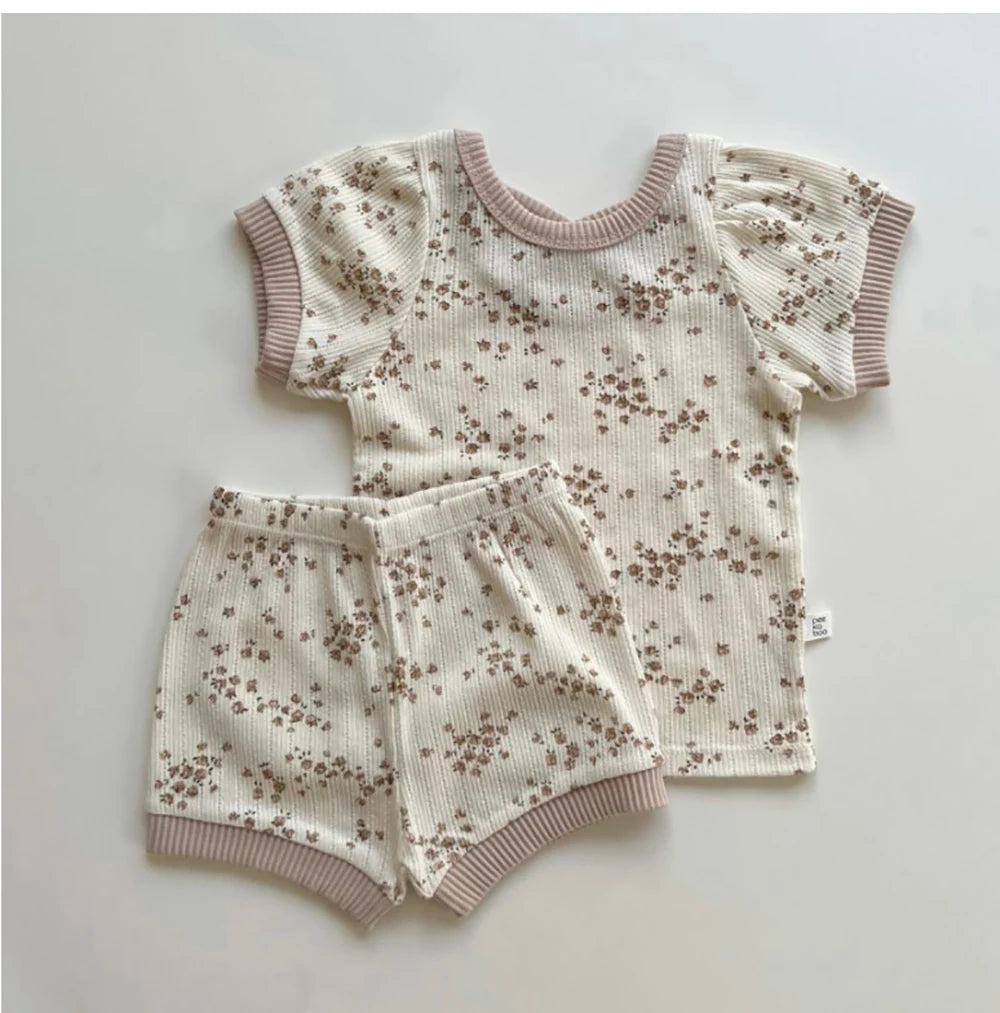 TZ2432 New Korean Baby Flower Short Sleeved Set for Women's Baby Thin Cotton Soft Home Short Sleeved Shorts Two Piece Set