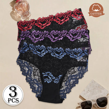 3PCS Popular Contrast Lace Floral Cotton Patchwork Panties for Women Hollow Out Lace Trim Sexy Underwear New Comfortable Briefs