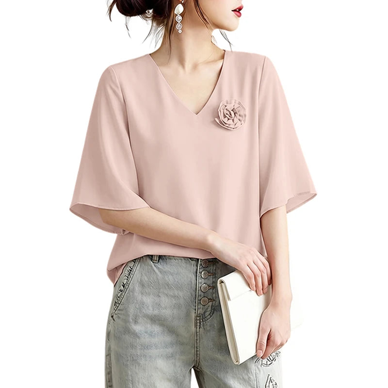 ZANZEA Elegant Fabric Flower Blouses Women V-Neck Half Bell Sleeves Solid Color Loose Tops Summer Daily Casual Blusas de Mujer
