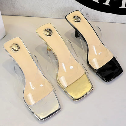 BIGTREE Shoes Transparent Women Sandals Square Head Open-Toe High-Heeled Sandals Summer Shoes Stiletto Heels 6.5 cm Slippers