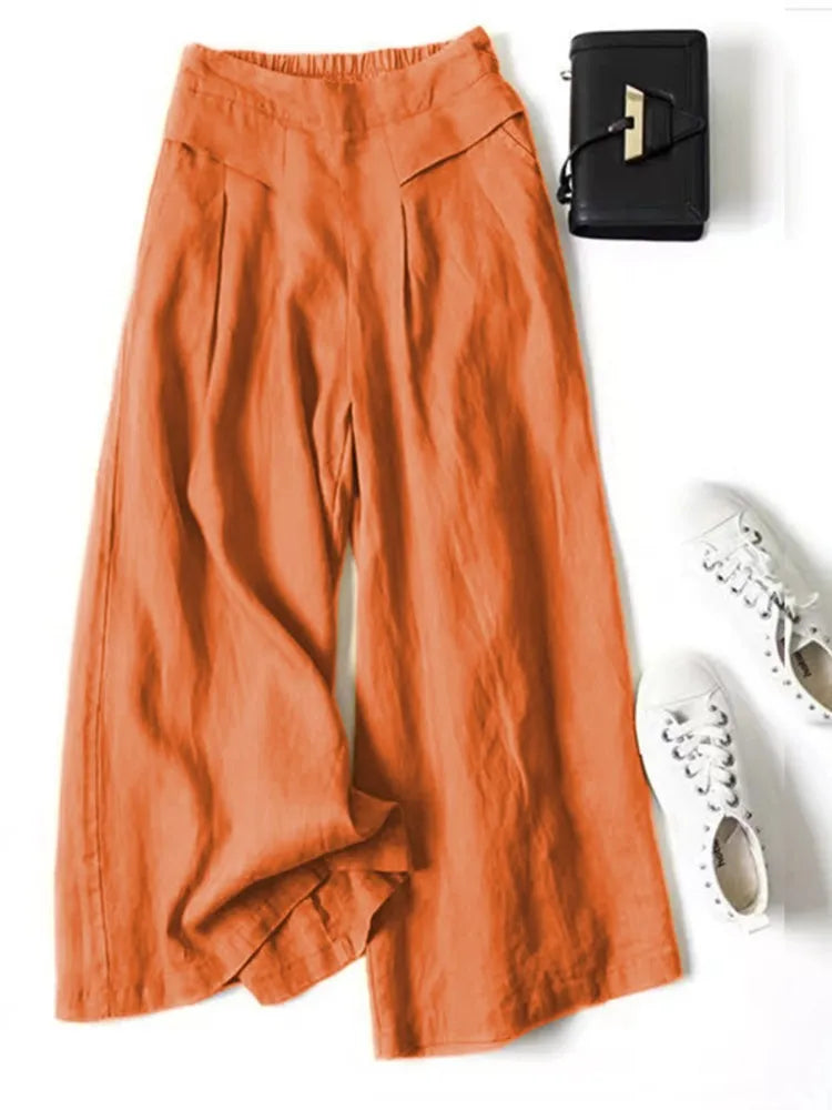 Y2K Lady Nine-point Pants Mid-rise Cotton Linen Wide-leg Large Size Trousers Loose Casual Commuting Daily Wear Tights Sweatpants
