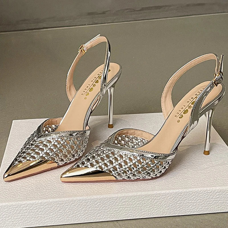BIGTREE Fashion Hollow Woven Slim Heel Sandals Women Shoes Summer Advanced Metal Pointed High Heels Women Pumps Stiletto 8.5 cm