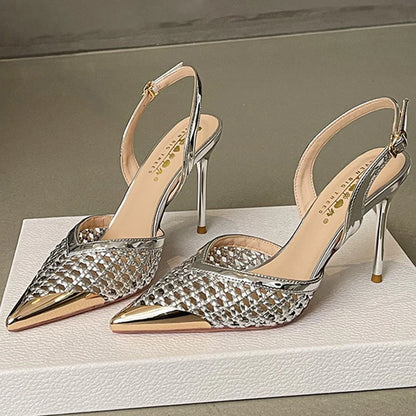 BIGTREE Fashion Hollow Woven Slim Heel Sandals Women Shoes Summer Advanced Metal Pointed High Heels Women Pumps Stiletto 8.5 cm