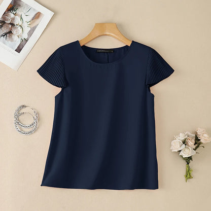 ZANZEA Woman Daily Casual Blouses Pleated Cap Sleeves Round Neck Solid Color Regular Fit Tops 2026 Summer Commute Work Blusas