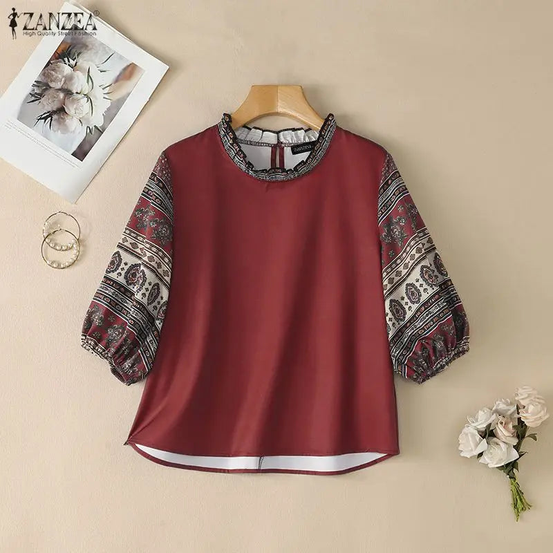 ZANZEA Woman Vintage Blouses Geometric Print Patchwork Lantern Sleeves Ruffled Collar Top Boemian Autumn Daily Wear Blusas Mujer