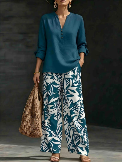 Women 2 Piece Outfit Notched V‑Neck Button Blouse Top Leaf Print Elastic Waist Wide Leg Pants Set Casual Holiday Boho Vacation Outfit With Pockets