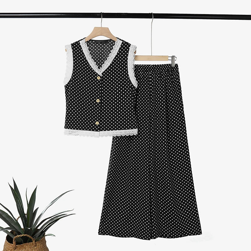 ZANZEA Summer Women Polka Dot Pant Sets Lace Trim V-Neck Sleeveless Top & Wide Leg Pants 2-Piece Sets Casual Streetwear Co-ords