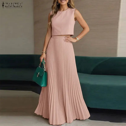 ZANZEA Elegant Thin Women Dress Sets Solid Color Summer 2PCS Two-piece Outfits Sleeveless Tops Blouse Pleated Long Skirt OL Work