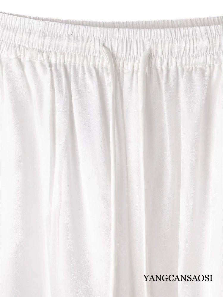 Plus Size Simple White Versatile 100% Natural Mulberry Silk SangBo Satin Drawstring Elastic Waist Women's Casual Wide Leg Pants
