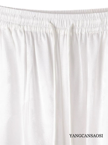 Plus Size Simple White Versatile 100% Natural Mulberry Silk SangBo Satin Drawstring Elastic Waist Women's Casual Wide Leg Pants