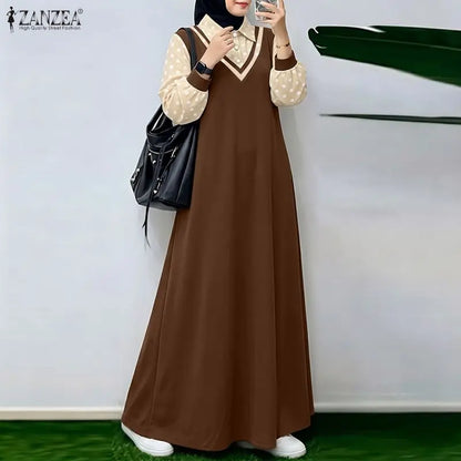Ramadan Robe ZANZEA Polka Dots Printed Muslim Dress Abaya 2026 Women Casual Lapel Neck Long Sleeve Patchwork Baggy Maxi Sundress